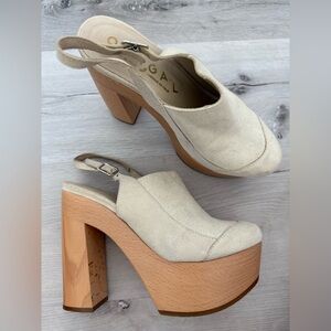 Ouigal Lola Clog Mule Heels Platform Wood Cream Suede Boho Chic 70s